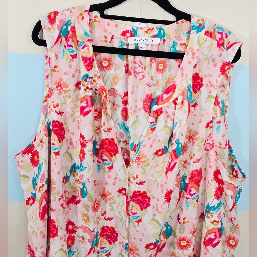 Rose & Olive Plus Size Floral Top in Teal, Coral & Cream - Picture 4 of 7